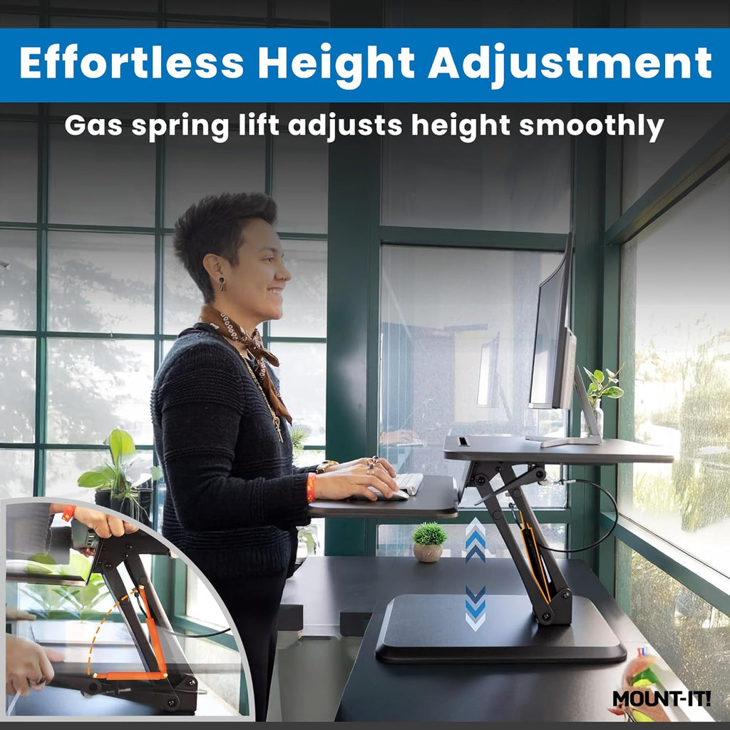 Mount-It! Standing Desk Converter, Compact 25' Sit Stand Desk Riser with Gas Spring Lift, Adjustable Height Desktop Riser for Laptop, Monitor, and Keyboard, Small Home Office Desk Converter