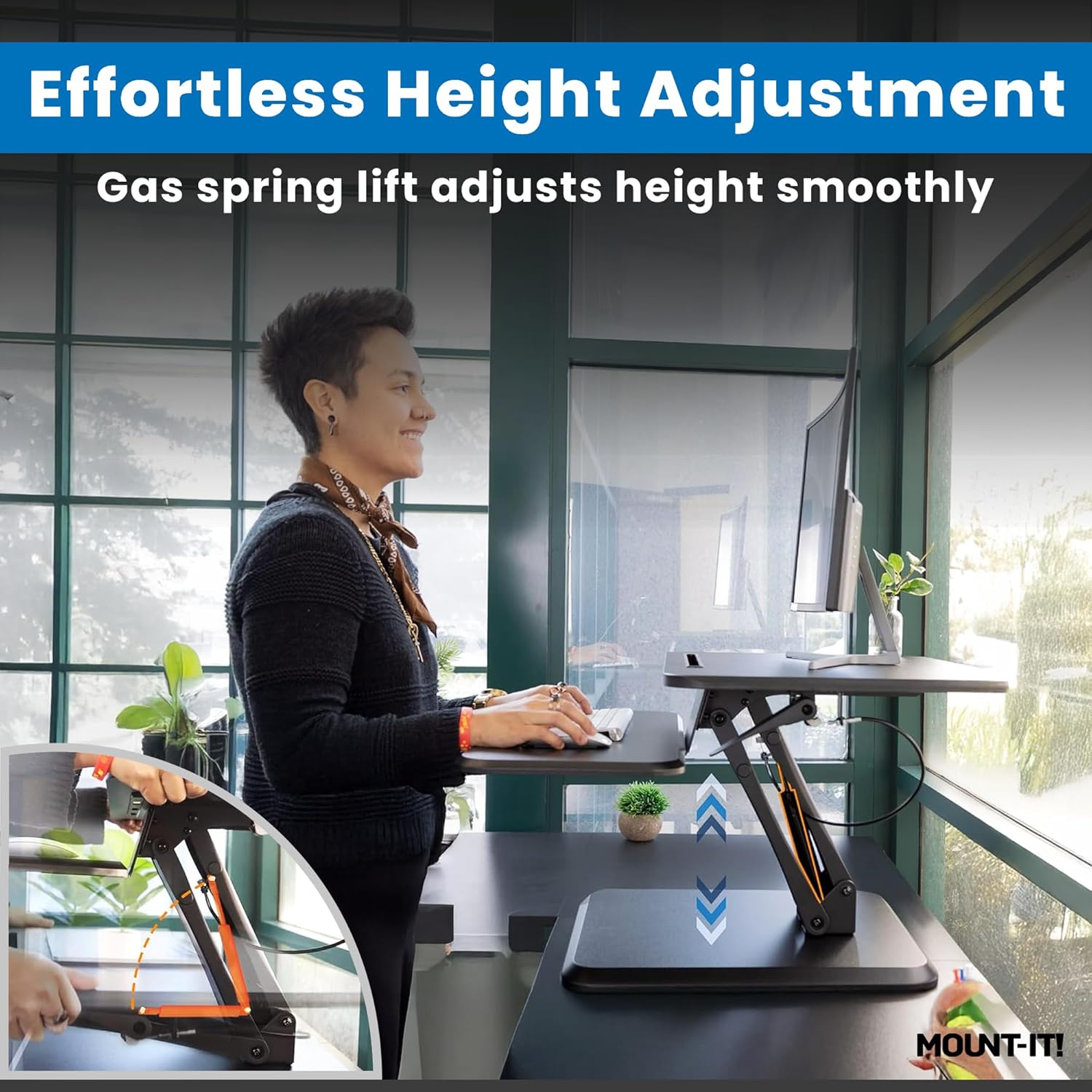 Mount-It! Standing Desk Converter, Compact 25' Sit Stand Desk Riser with Gas Spring Lift, Adjustable Height Desktop Riser for Laptop, Monitor, and Keyboard, Small Home Office Desk Converter