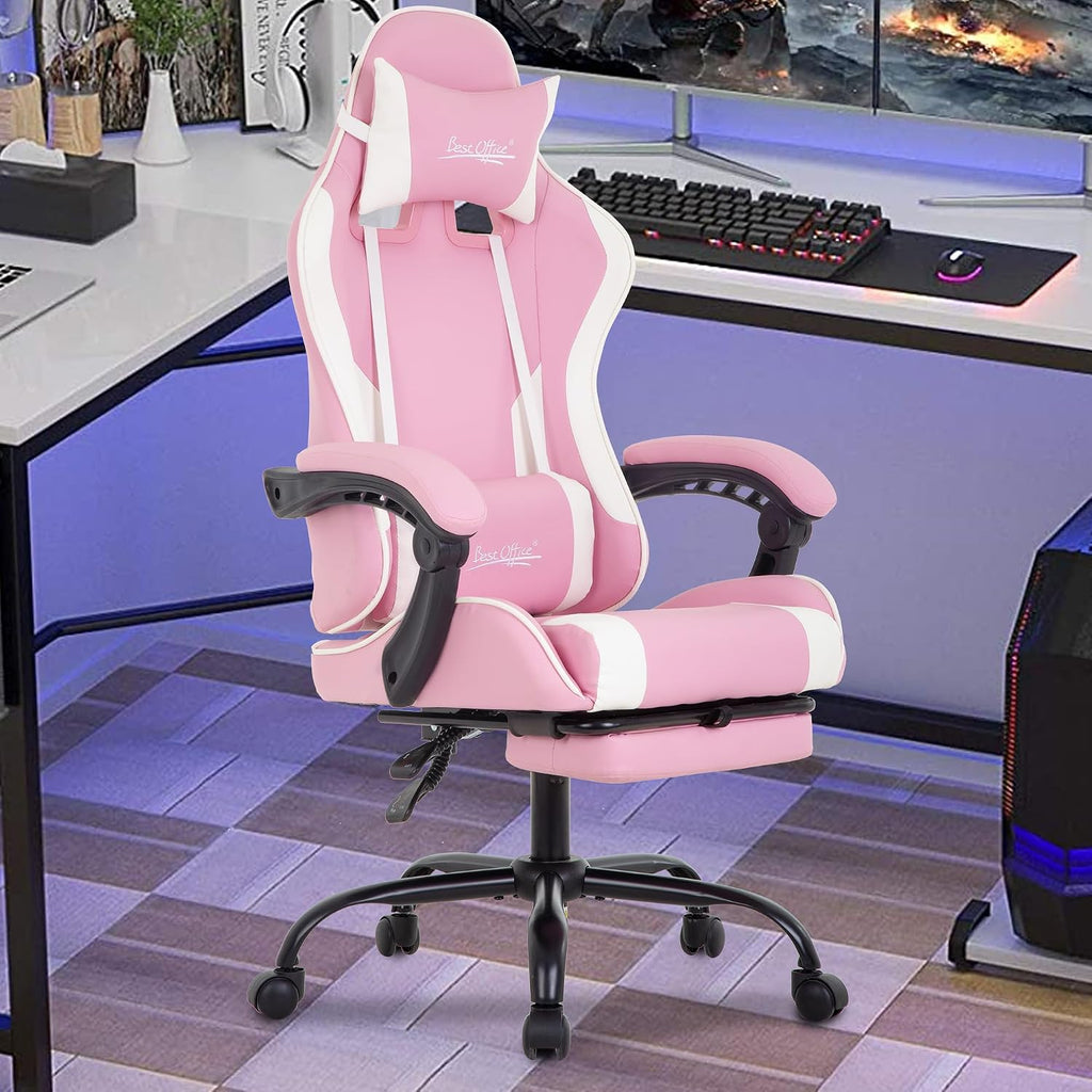 PayLessHere Ergonomic Racing Desk Chair Computer Chair Gaming Chair with Footrest Lumbar Support Headrest Armrest Task Rolling Swivel Ergonomic E-Sports Adjustable PC Gamer Chair (Pink)