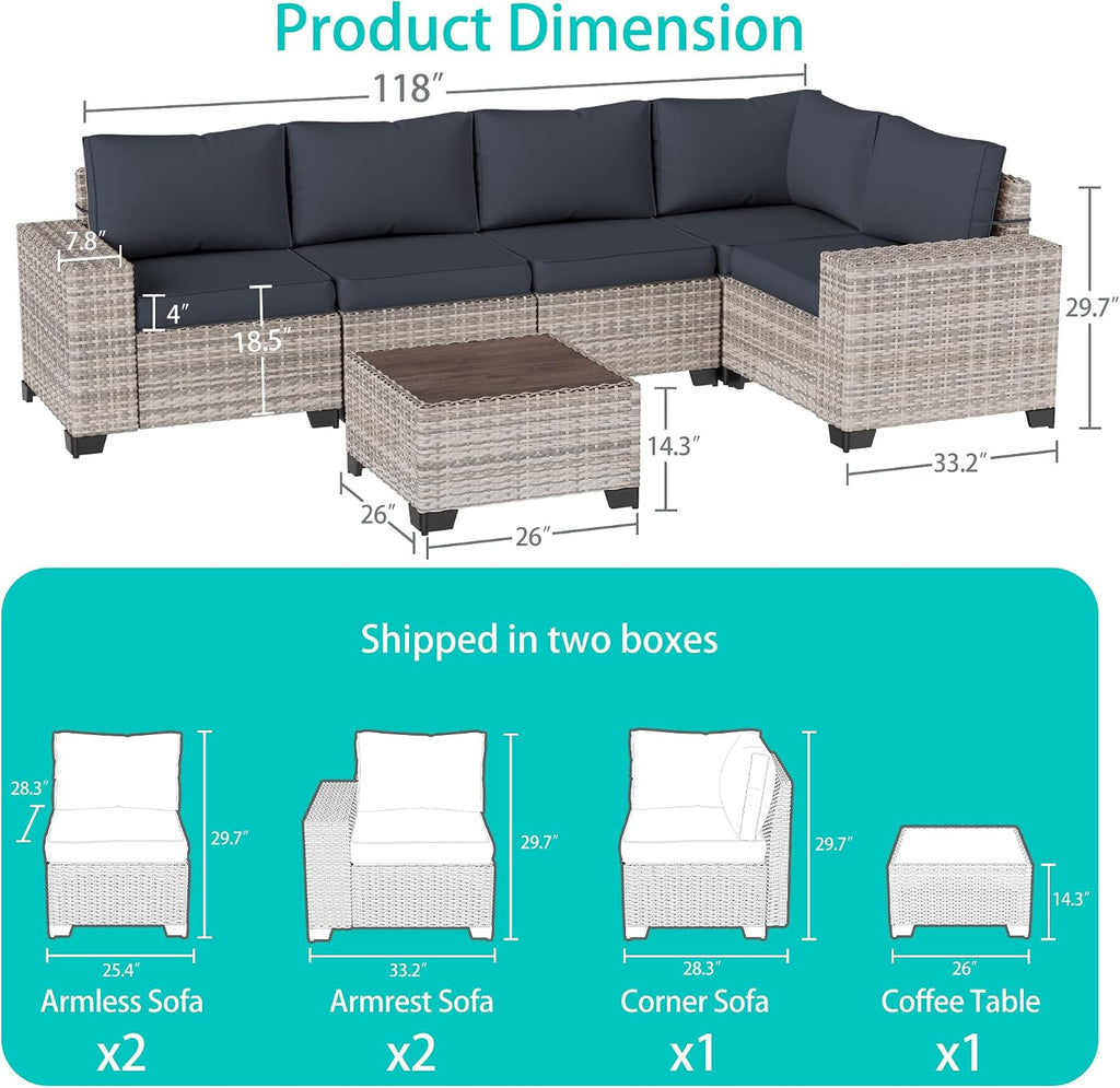 6-Piece Outdoor Patio Furniture Set Wicker Sectional Sofa Set, Patio Conversation Set with Thickened Cushions & Coffee Table for Garden, Backyard, Poolside, Dark Grey