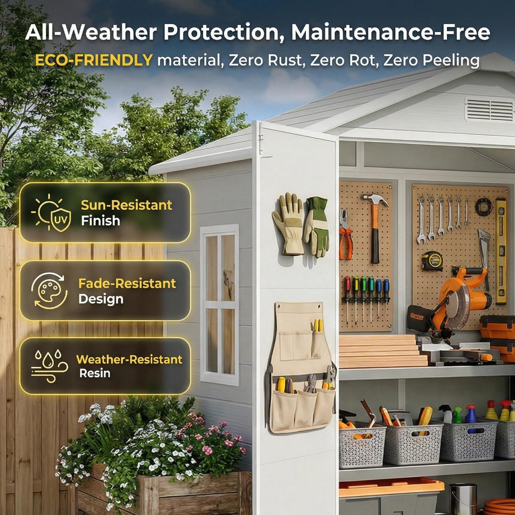 Gizoon 6x4.4 FT Resin Shed with Floor, Plastic Outdoor Storage Shed with Windows, All-Weather Garden Tool Shed with Lockable Doors, Suitable for Backyard & Patio (Grey)