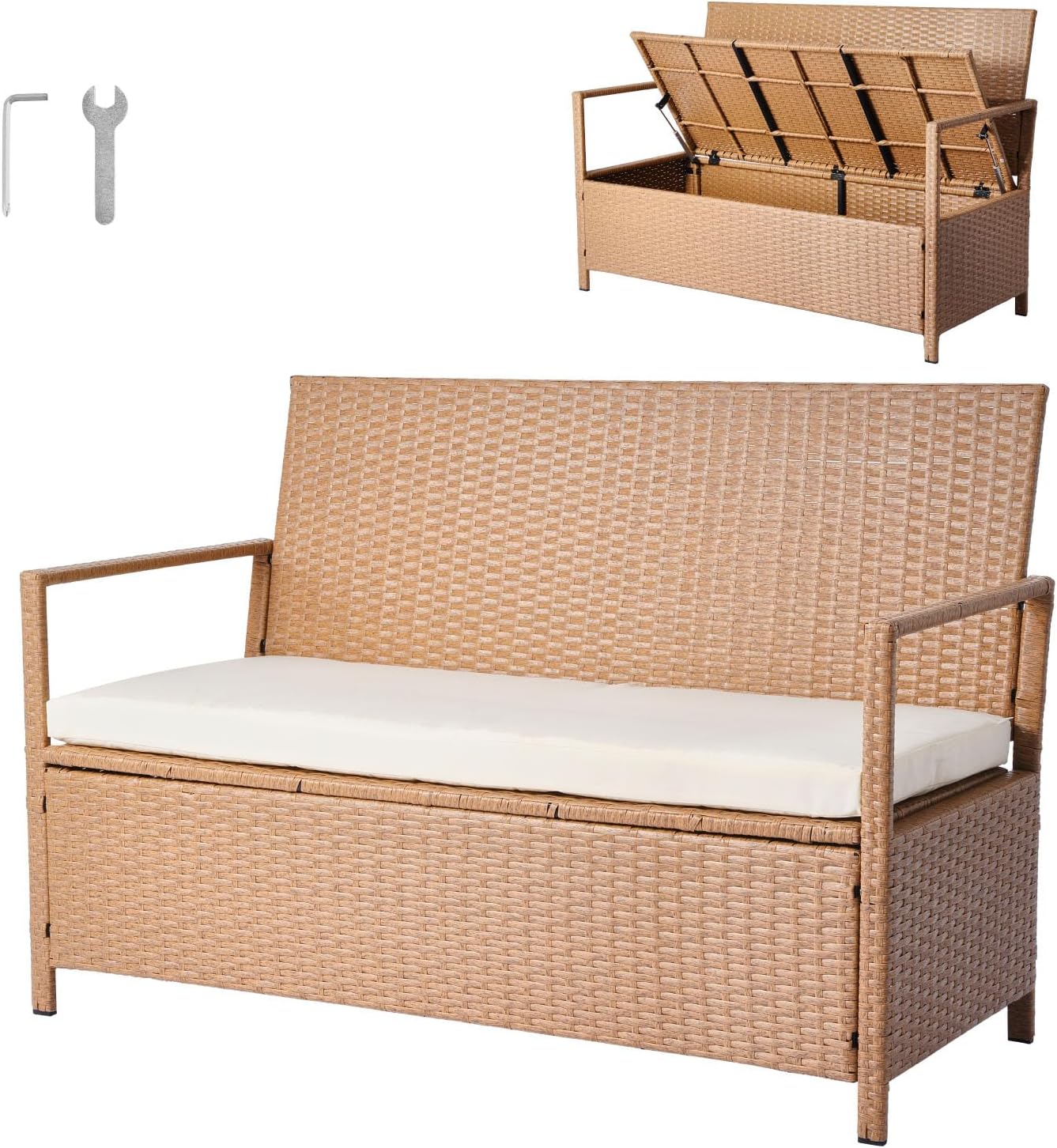 VEVOR Outdoor Storage Bench, 2-Person PE Rattan Storage Bench, 70 Gal Deck Box with Cushion, Supports up to 265 lbs, Outdoor Seating & Porch Decor for Patio Garden Balcony Yard