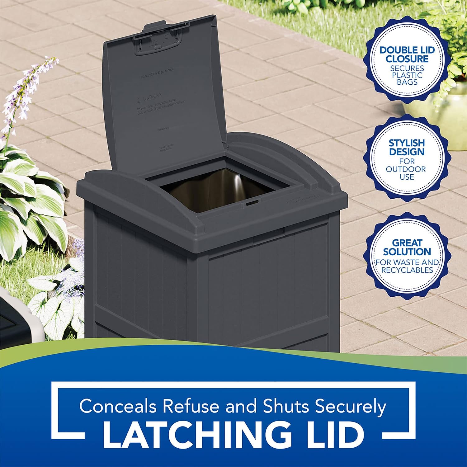 Suncast 2 Pack Trash Hideaway Refuse Container, Stylish Resin Outdoor Garbage Bin with Latching Lid, 30 to 33 Gallon Capacity, Cyberspace