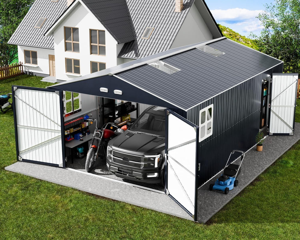 K Knowbody 13x20x8.3 FT Metal Garage Shed with Base Floor Kit, Ultra-Reinforced Powder-Coated 18-Gauge Steel Frame, 100 PSF Snow & 150 MPH Wind Rated, Skylight Dual-Entry Carport Workshop