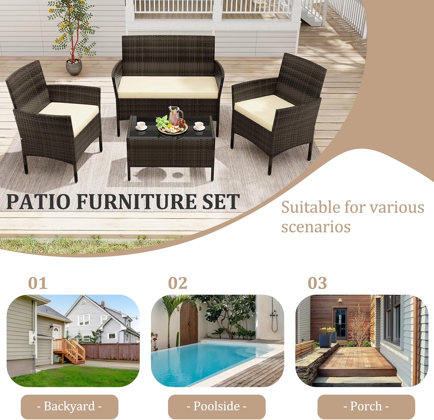 KOTEK 8 Piece Patio Furniture Set, Outdoor Rattan Conversation Set with Loveseat, Wicker Chairs, Tempered Glass Coffee Table, Wicker Patio Set for Backyard, Porch (Beige)