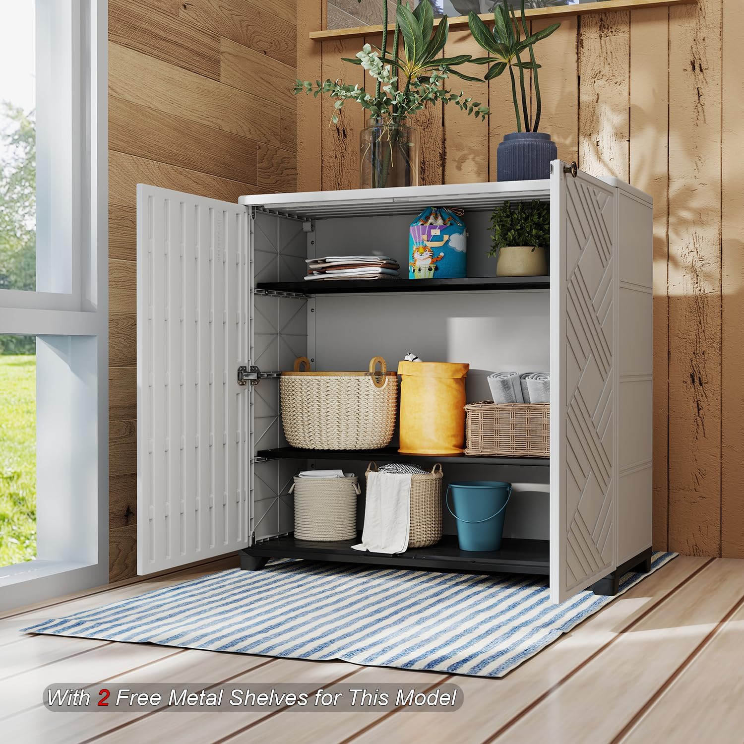 HOMSPARK Indoor/Outdoor Storage Cabinet with Doors and 2 Metal Shelves, 34'x15'x34' HDPE Plastic Storage Box for Patio, Garden, Enterway, Balcony, Multi-Purpose for Daily Tools, White