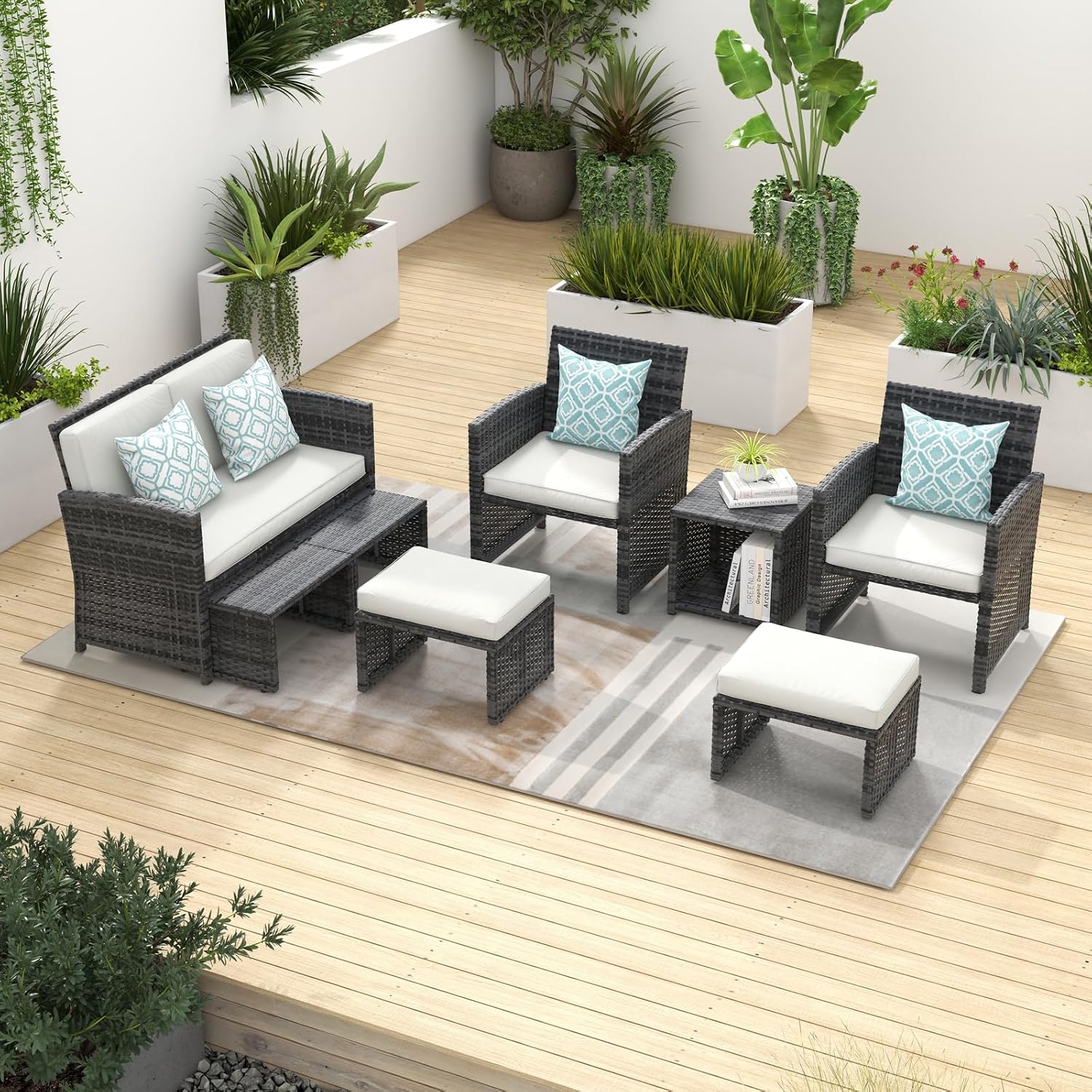 OC Orange-Casual Patio Furniture Sets,8 Pieces Conversation Set, Outdoor Wicker Bistro Set, All Weather Sectional Loveseat Chairs with Ottoman & Coffee Table, Grey Rattan with White Cushion