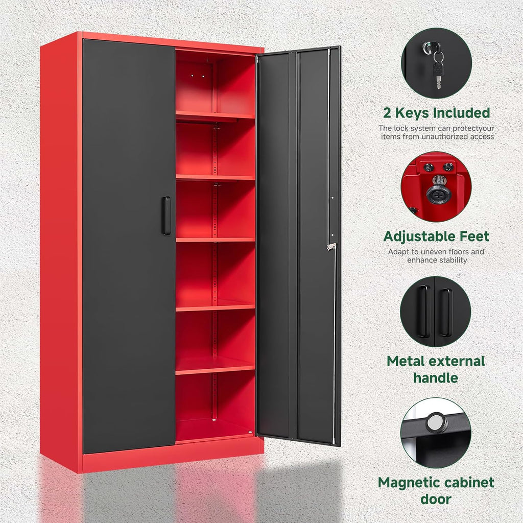 Letaya Metal Garage Storage Cabinets with Lock, 71' Tall Locker Organizer Steel Tool Cabinets,5 Adjustable Shelves 2 Doors for Home Office, Warehouse,Garage,Industrial,Employee (Black Red)
