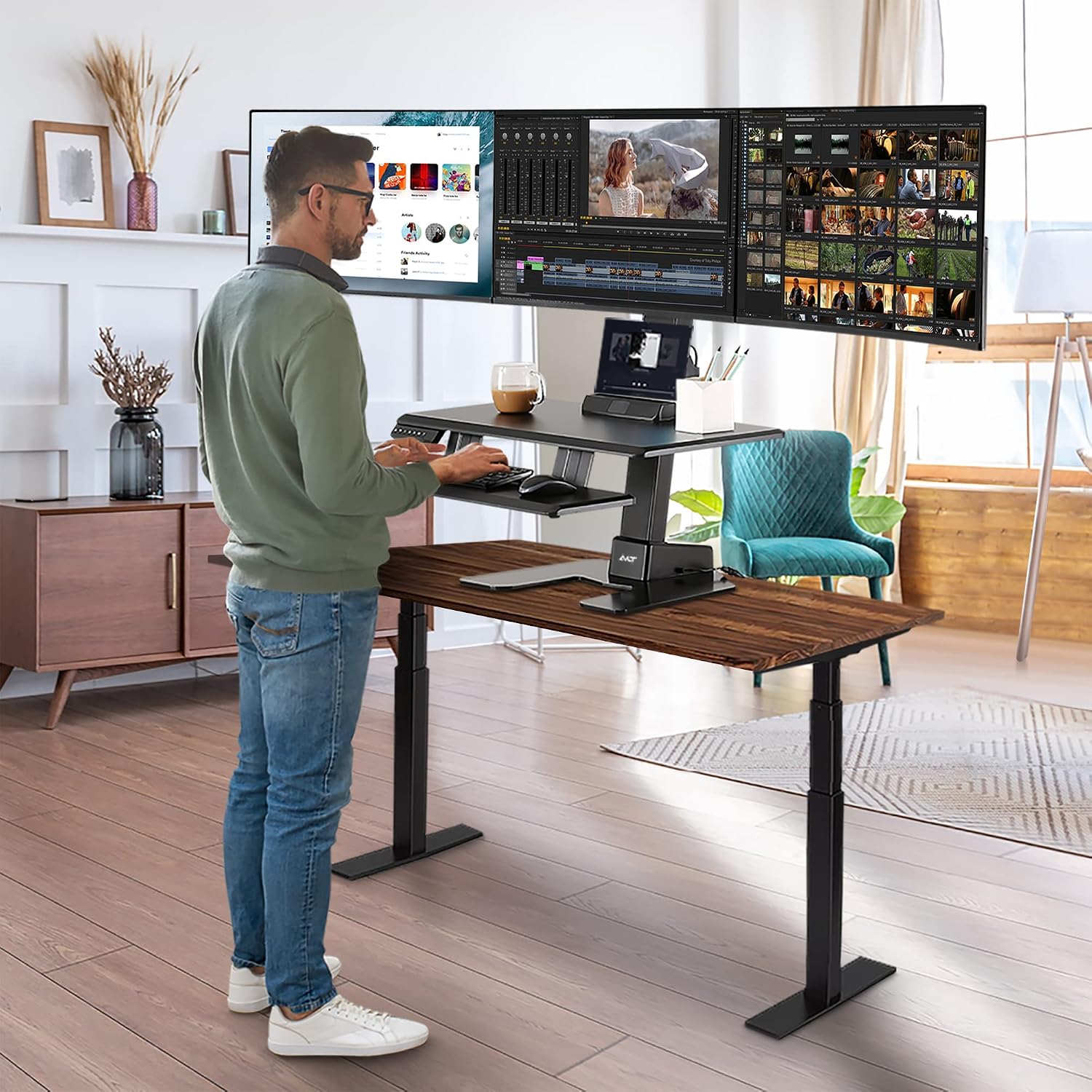 AVLT Electric Standing Desk Converter for Triple 32' Monitors, Motorized Sit to Stand Riser with 28'x16' Tabletop, Large Keyboard Tray, Height Adjustable, Sturdy Base, Small Footprint