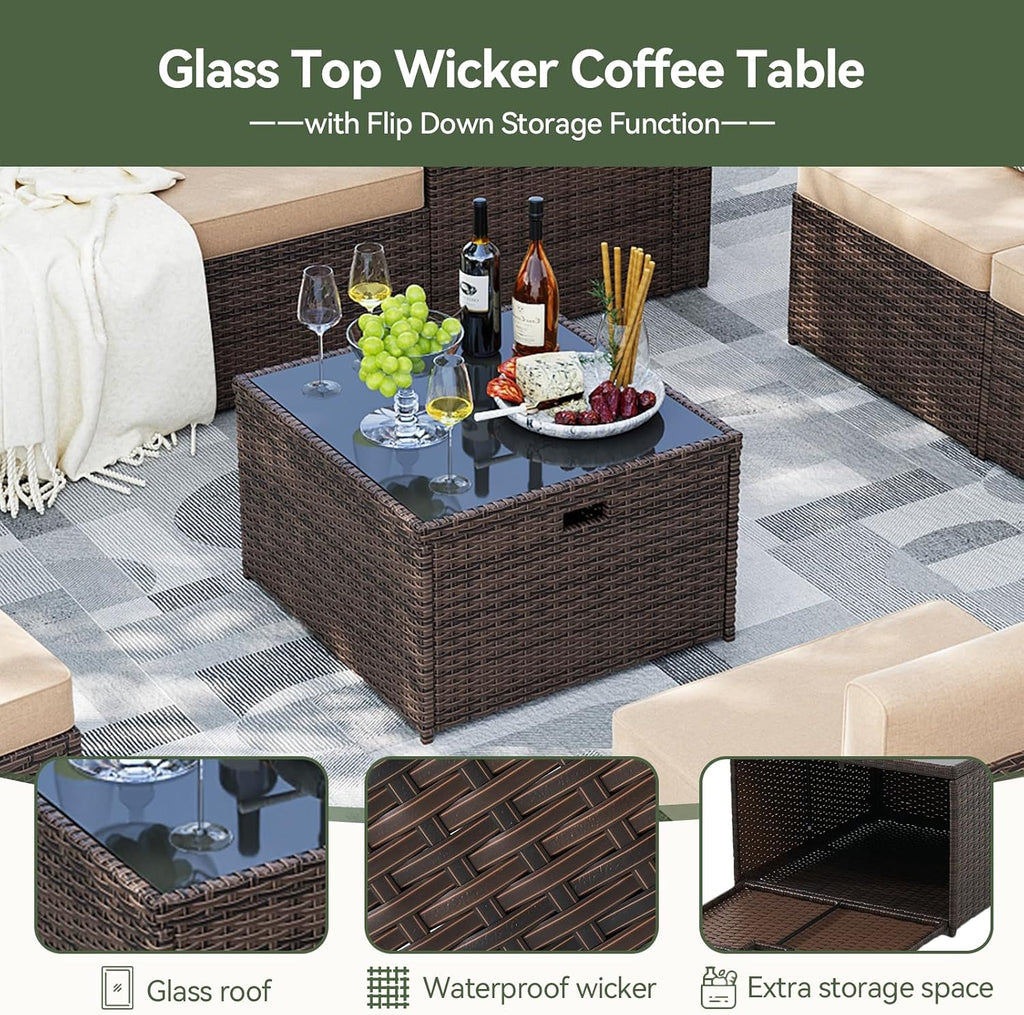 Aoxun 9 Piece Patio Furniture Set with 44' Fire Pit Table, Wicker Outdoor Furniture Set with Storage Box, Patio Sectional Set with Cushions and Waterproof Cover (Brown & Khaki)