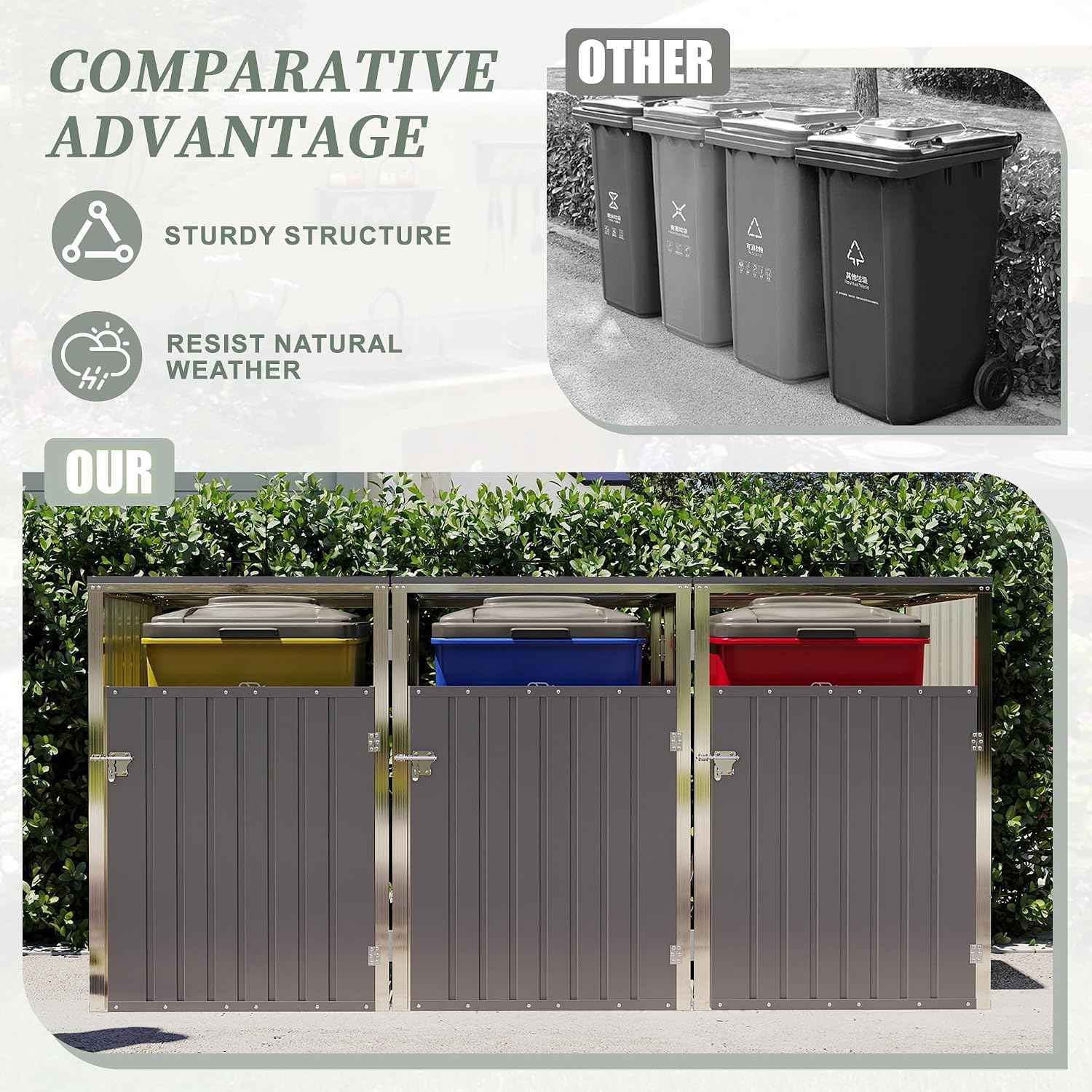 120 Cu.Ft Large Outdoor Trash Can Storage Shed for 3 Bins, Metal Garbage Can Enclosure, Waterproof Outdoor Trash Storage Cabinet & Small Generator Shed for Garden & Yard (Light Gray)