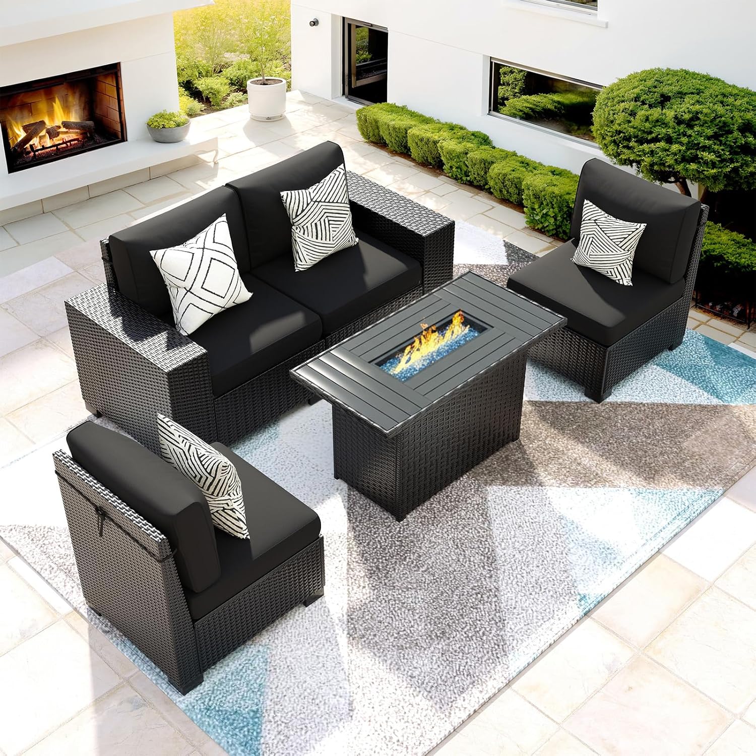 5 Piece Patio Furniture Set with Fire Pit Table, Outdoor Sectional Conversation Sets Black Wicker Rattan Sectional Sofa for Patio Garden Backyard, 4'' Thickened Cushion Black