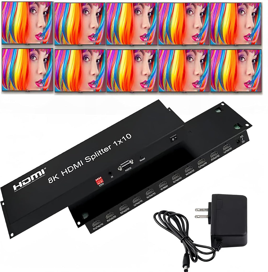 8K HDMI Splitter 1×10 HDMI2.1 Replicator Distributor 1 in 10 Out Affordable Splitter Multi-Monitor 8K@60Hz Full Ultra-HD Supports EDID RS232 Rest Button 3D HDR 48Gbps for Xbox PS4 DVD HDTV etc