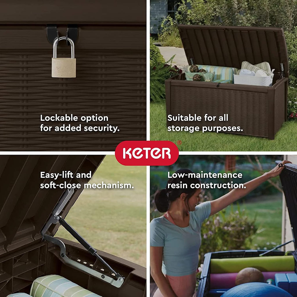 Keter Borneo 110 Gallon Resin Deck Box - Organization and Storage for Patio Furniture, Outdoor Cushions, Throw Pillows, Garden Tools and Pool Toys, Brown