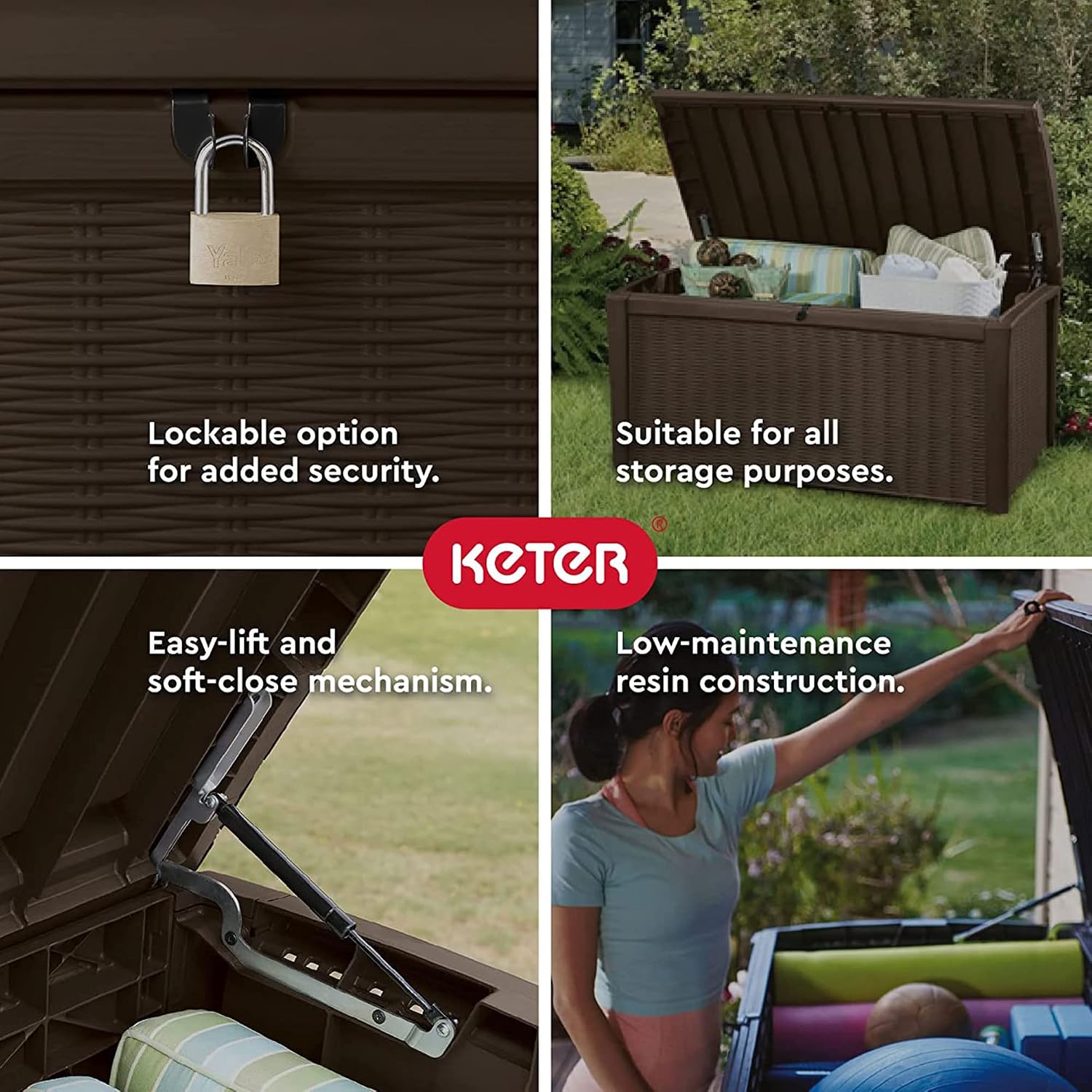 Keter Borneo 110 Gallon Resin Deck Box - Organization and Storage for Patio Furniture, Outdoor Cushions, Throw Pillows, Garden Tools and Pool Toys, Brown