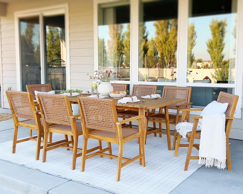 PHI VILLA Outdoor Acacia Wood Dining Chairs Set of 4, Armchairs with Strong Wicker Back & Seat, Farmhouse Style Teak Patio Deck Yard Balcony Garden Furniture