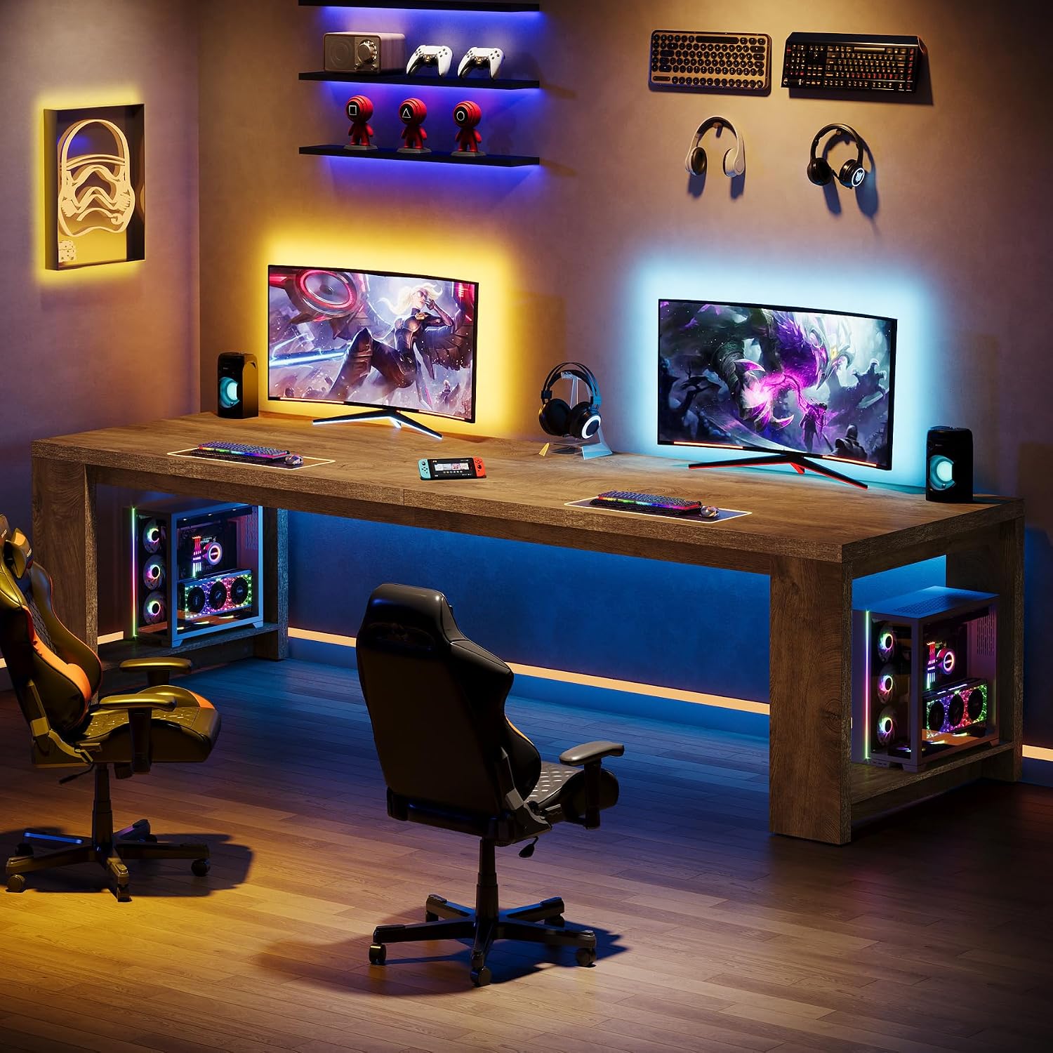 Tribesigns Two Person Desk, 86.6 Inches Extra Long Desk, Double Computer Writing Table, Wood Large Desks Workstation for Home Office, Natural Wood