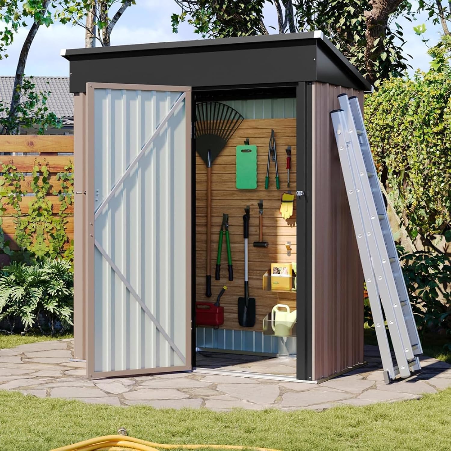 Aoxun 5' x 2.9' Shed Outdoor Storage Shed with Lockable Doors & Slooping Roof Metal Garden Tool Shed for Backyard, Patio, Poolside (Brown)