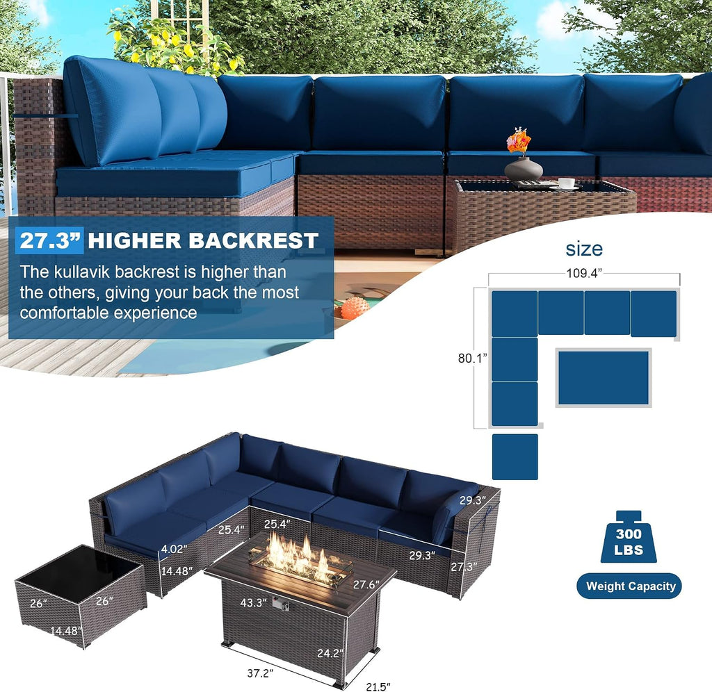 Kullavik 8 Pieces Outdoor Patio Furniture Set with 43' 55000BTU Gas Propane Fire Pit Table PE Wicker Rattan Sectional Sofa Patio Conversation Sets,Navy Blue