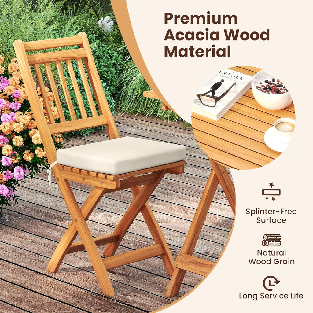 HAPPYGRILL 3-Piece Folding Bistro Set Acacia Wood Patio Furniture Set with Seat Cushions, Outdoor Square Table and Chairs Set of 2 for Backyard, Balcony, Porch, Garden (Back Style B)