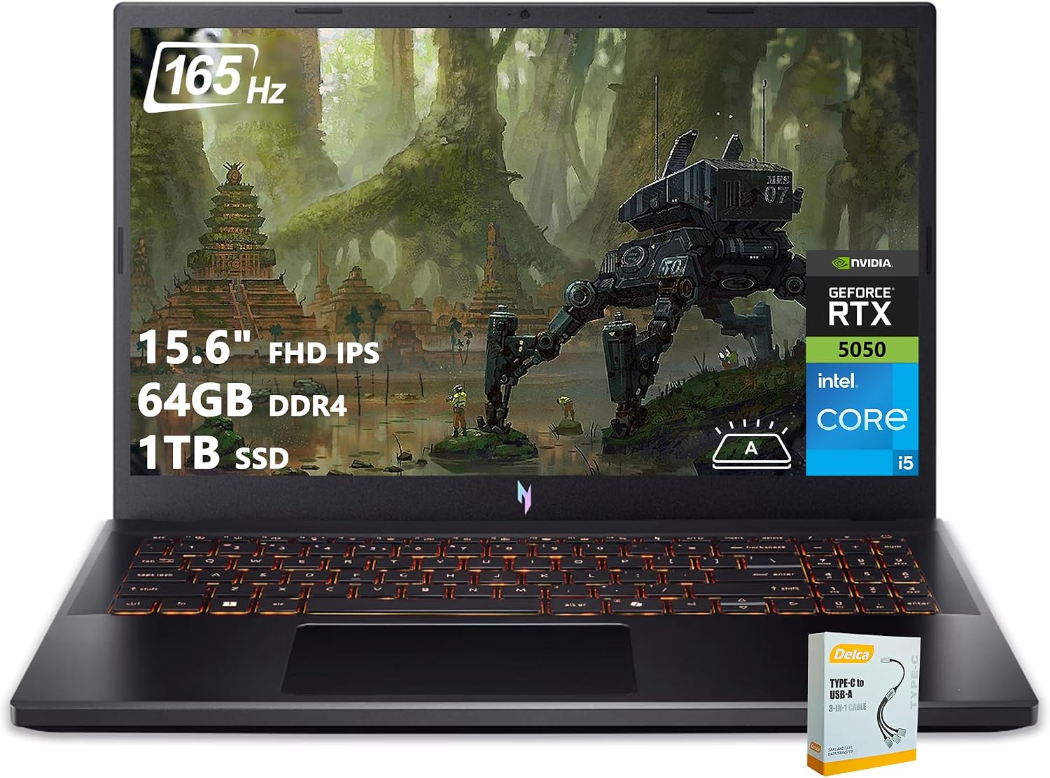 acer Nitro V 15 Gaming Laptop | 15.6' FHD IPS 165Hz | Intel 8-Core i5-13420H | 64GB DDR4 1TB SSD | GeForce RTX 5050 DLSS4 (Up to 440 AI Tops) | Backlit Keyboard Win11 w/DLCA Accessory