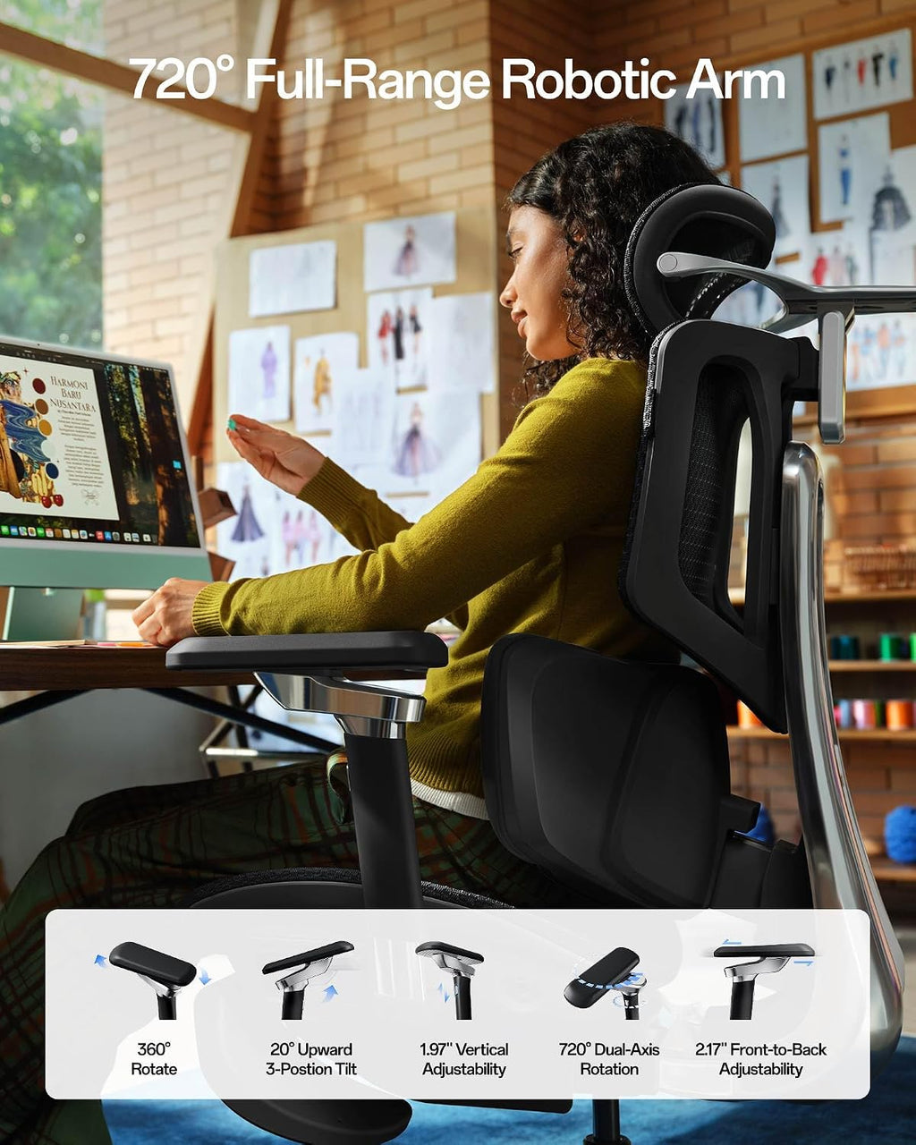 Hbada X7 Smart Ergonomic Chair, Ergonomic Office Chair, Fully Automated Lumbar Tracking, 4D Adjustable Headrest, 720° Adjustable Armrests, Ventilated Seat Cushion, Black