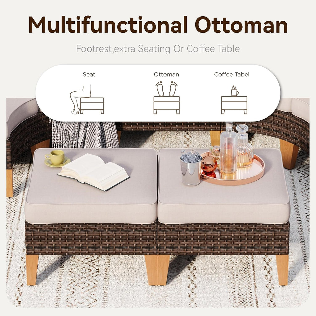 GREEN PARTY 7 Pieces Wicker Patio Furniture Set, All-Weather Outdoor Rattan Patio Sectional Sofa Conversation Set 7 Seats with 4' Thick Cushions for Garden, Backyard, 2 x Ottomans