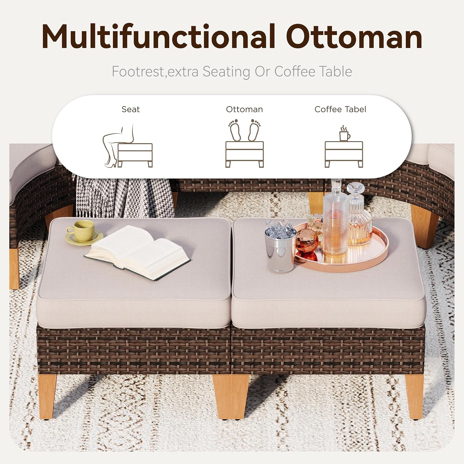 GREEN PARTY 7 Pieces Wicker Patio Furniture Set, All-Weather Outdoor Rattan Patio Sectional Sofa Conversation Set 7 Seats with 4' Thick Cushions for Garden, Backyard, 2 x Ottomans