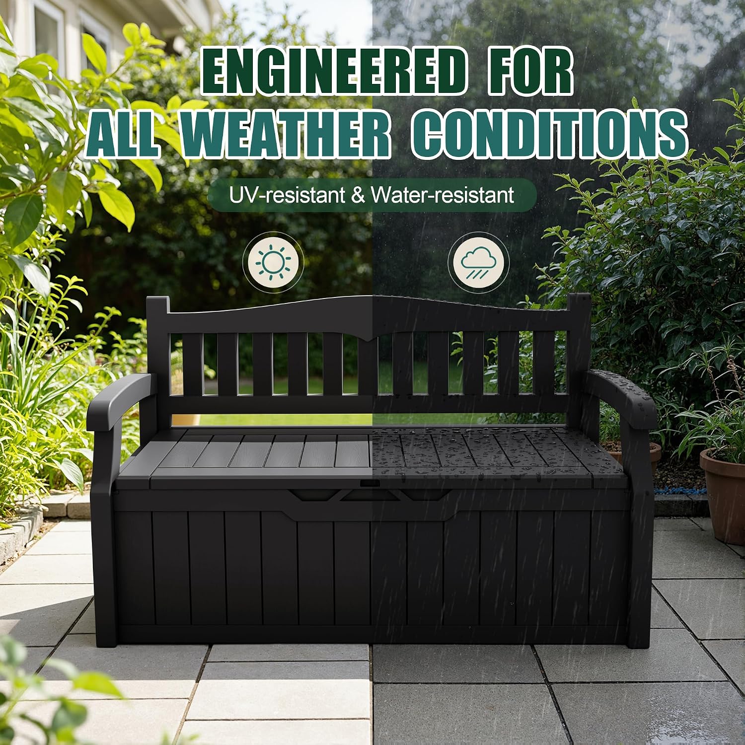 Devoko 80 Gallon Storage Bench Deck Box Lockable for Patio Furniture, Garden Decor and Outdoor Seating for Cushions, Garden Tools and Pool Supplies (Black)