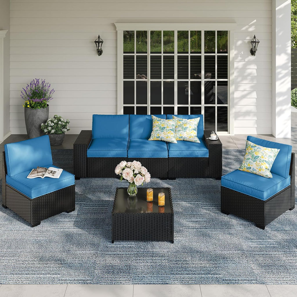 Patio Furniture Set, 6 Pieces Outdoor Couch Sofa with Wider Armrests & Glass Coffee Table, Outdoor Sectional Furniture with Thick Cushions for Party, Poolside,Garden-Peacock