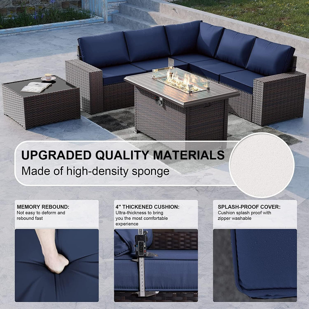 Kullavik 7 Pieces Outdoor Patio Furniture Set with 43' 55000BTU Gas Propane Fire Pit Table PE Wicker Rattan Sectional Sofa Patio Conversation Sets,Navy Blue