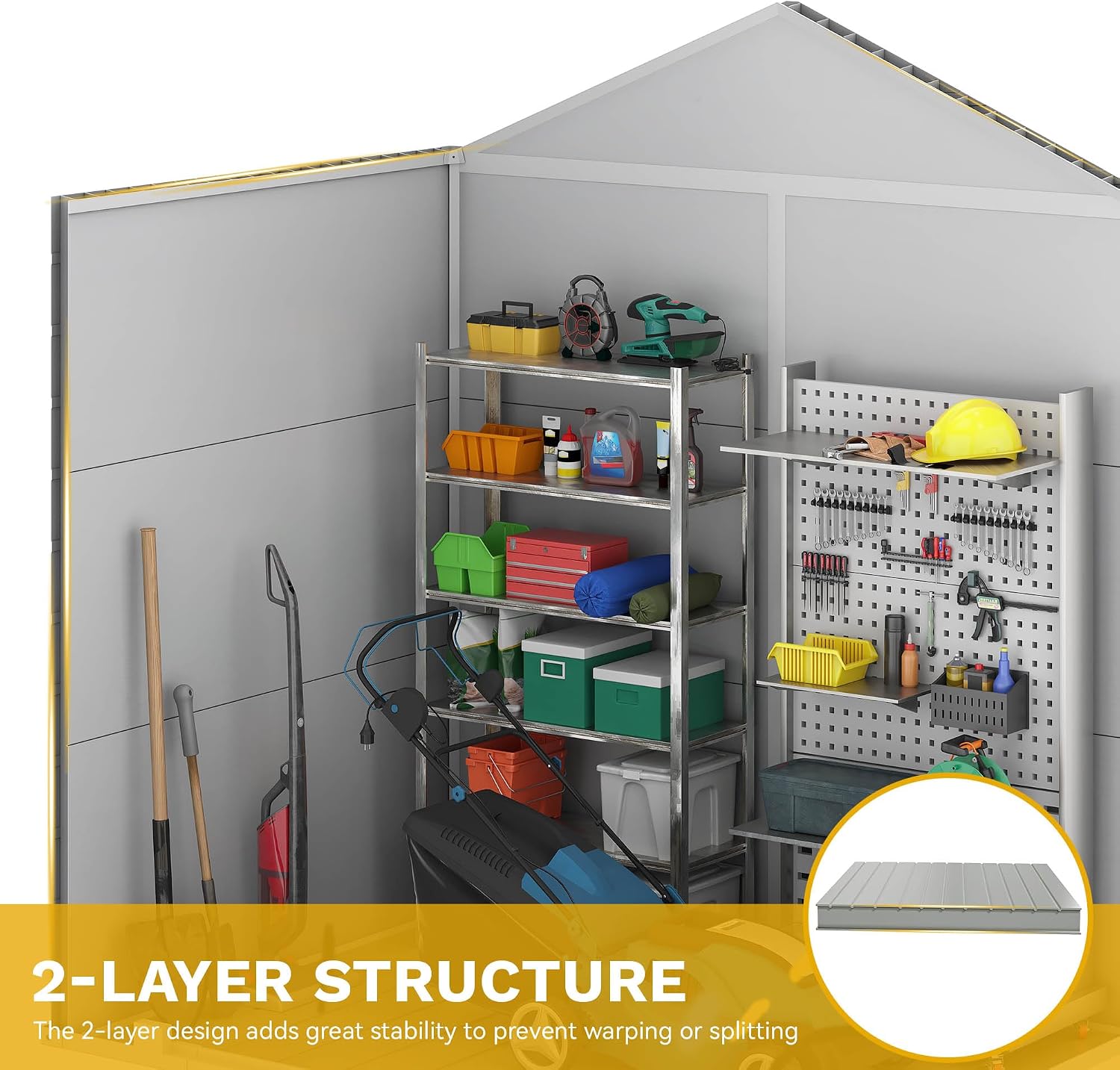 DWVO 6x4.4 FT Outdoor Storage Shed, Plastic Garden Tool Shed with 2 Windows, Double-Wall Outside Shed for Lawn Mower, Garden Tool for Backyard, Patio, Lawn, Lockable, Greige&Gray