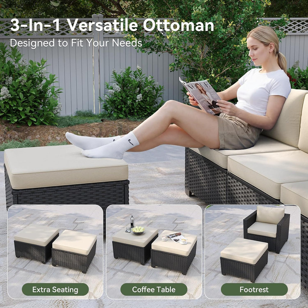 Aoxun Patio Furniture Set, 5 Piece Outdoor Sectional Sofa with Ottomans, Wicker Outdoor Furniture Conversation Sets with Waterproof Cover for Backyard Beige
