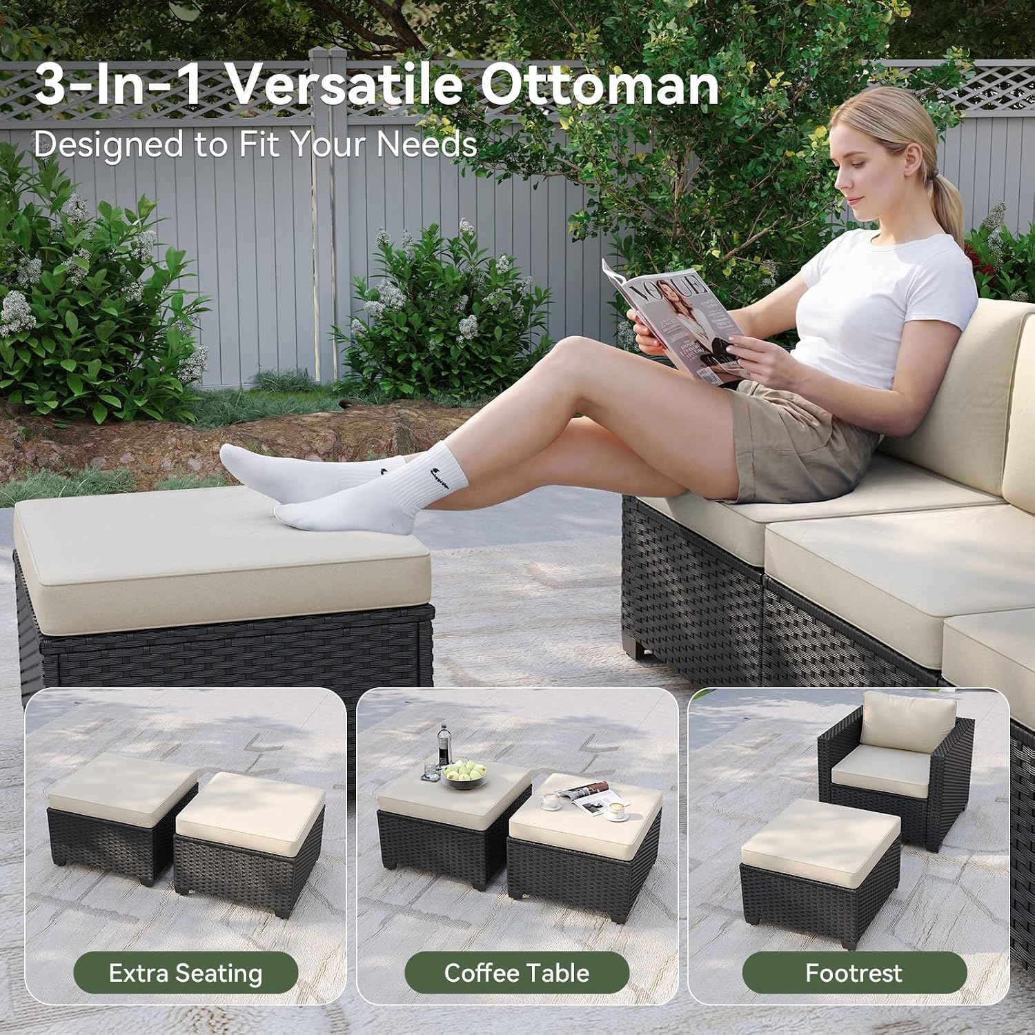 Aoxun Patio Furniture Set, 5 Piece Outdoor Sectional Sofa with Ottomans, Wicker Outdoor Furniture Conversation Sets with Waterproof Cover for Backyard Beige