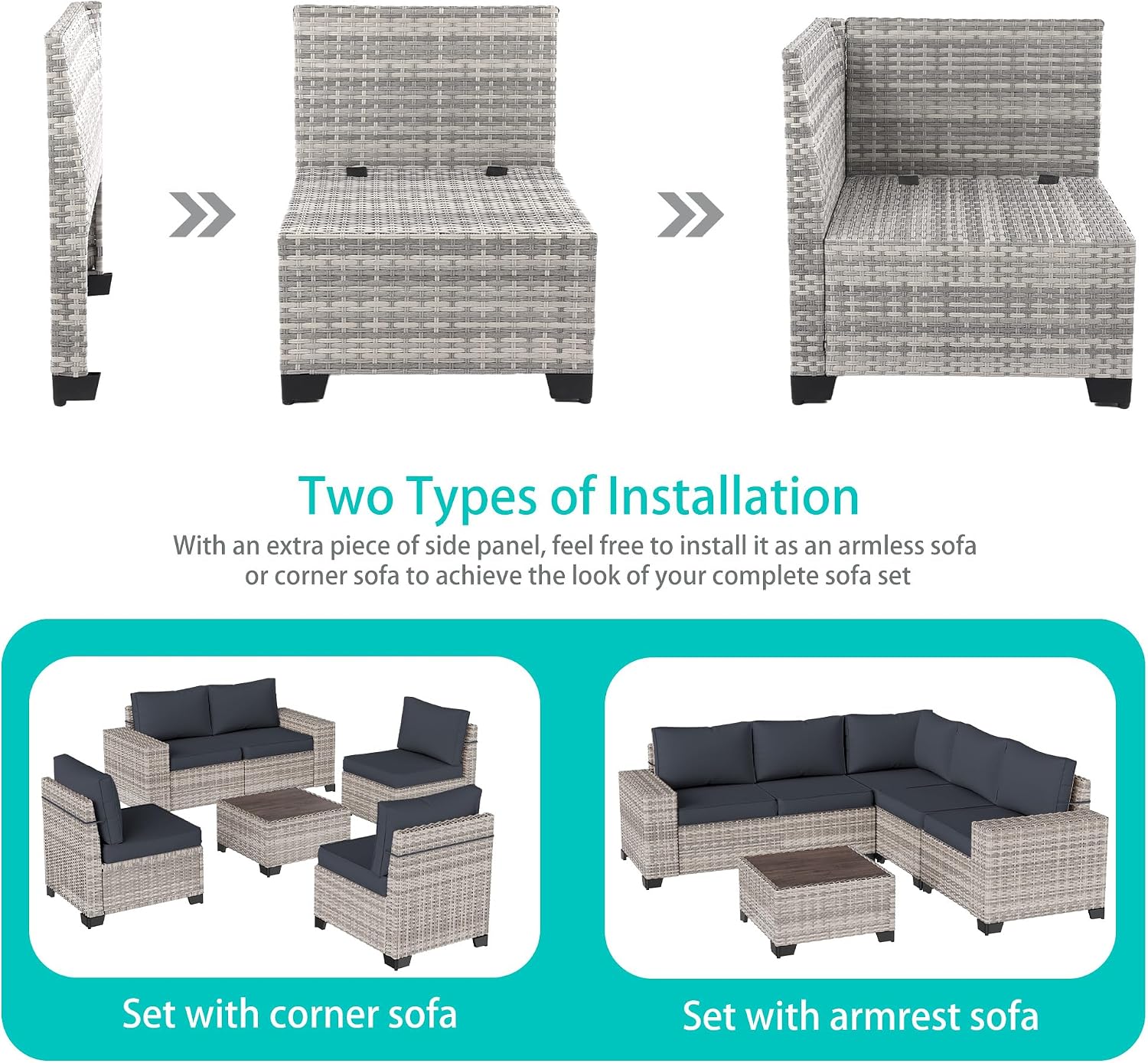 6-Piece Outdoor Patio Furniture Set Wicker Sectional Sofa Set, Patio Conversation Set with Thickened Cushions & Coffee Table for Garden, Backyard, Poolside, Dark Grey