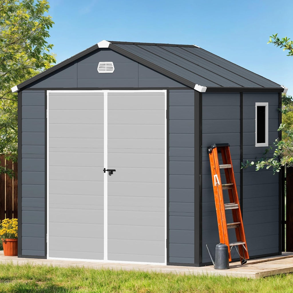 DWVO 8x6.2FT Outdoor Storage Shed w/o Floor, All-Weather Plastic Shed with Lockable Doors, Window & Vents, Plastic Tool Shed for Backyard, Patio, Poolside, Lawn, Gray