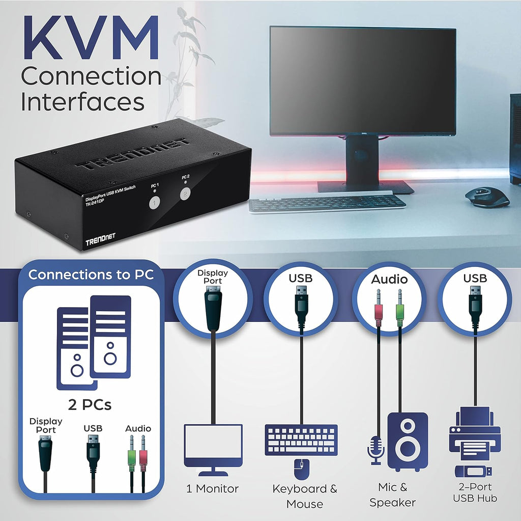 TRENDnet 2-Port DisplayPort KVM Switch, DisplayPort 1.2 KVM, Connect and Control Two Computers, Supports 4K UHD Resolution, 3840 x 2160 at 60Hz, 2-Port USB 2.0 Hub, Black, TK-241DP