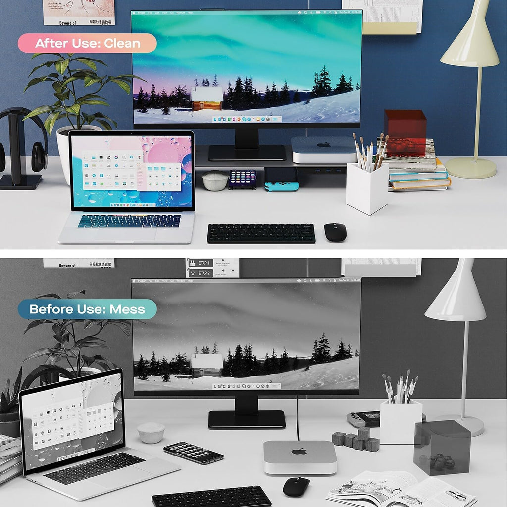 Mobile Pixels Aluminum Monitor Riser with Docking Hub, USB-C Port, PD Port, Ethernet, HDMI, 3 USB 3.0 for PC, TV, Tablet, Laptop, Space Grey