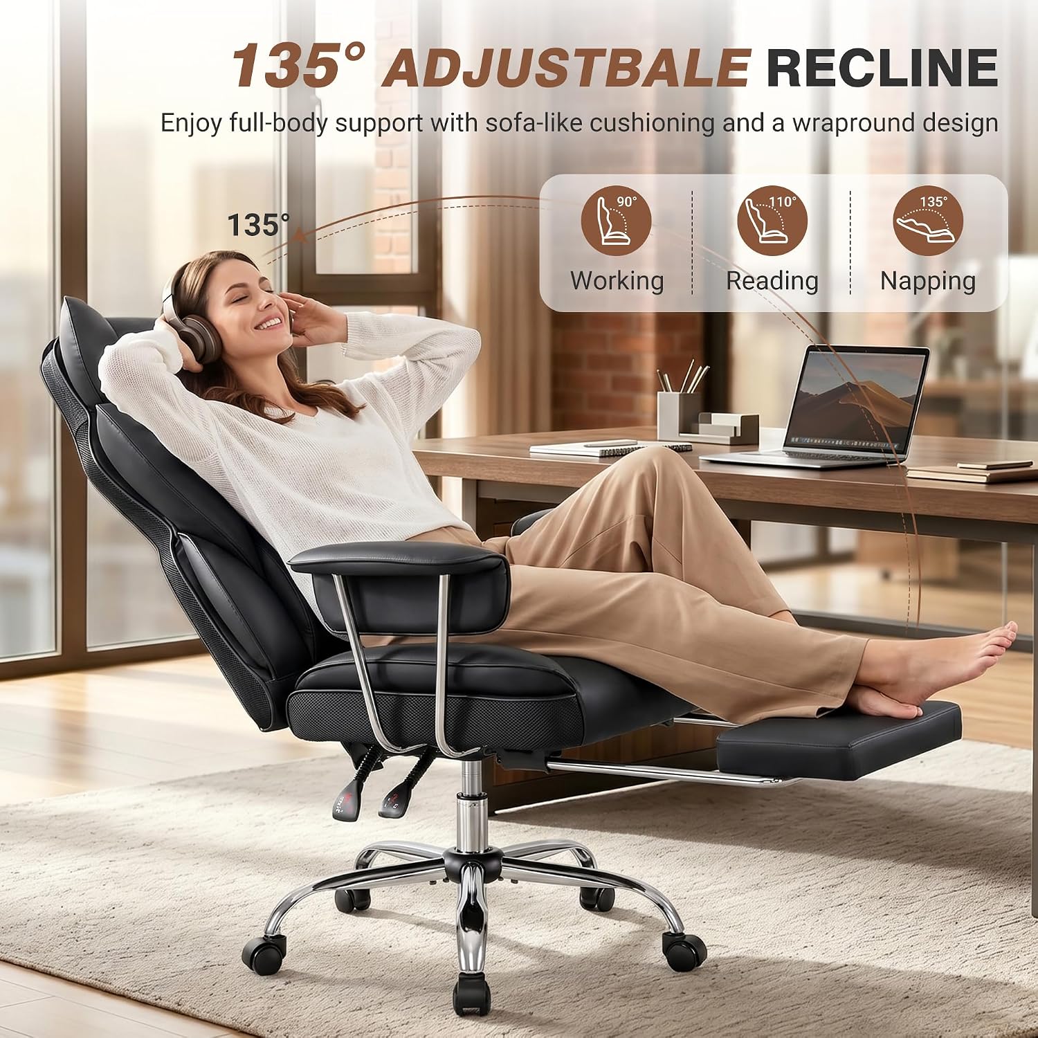 ALLGOD Big and Tall Ergonomic Office Chair with Footrest, High Back Executive Leather Office Chair, Reclining Computer Desk Chair, Comfy Heavy Duty Home Gaming Chair with Padded Arm, Black-4 Pack