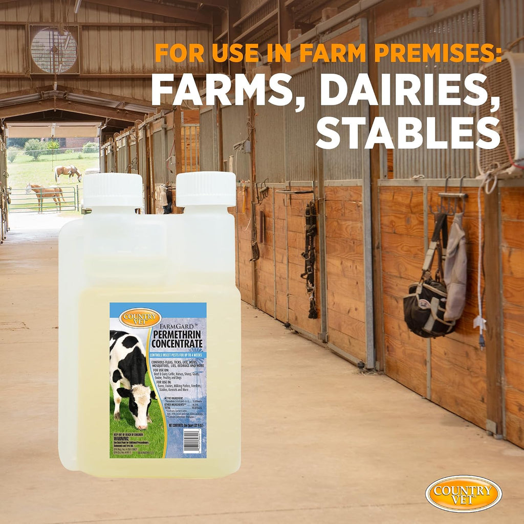 Country Vet FarmGard Permethrin Concentrate - 32 Ounce (Case of 6) 343961CVA - Gets Rid of Flies, Mosquitoes, Silverfish, Cockroaches, Fleas, Millipedes, Gnats, Fruit Flies, Ticks, Lice, Spiders