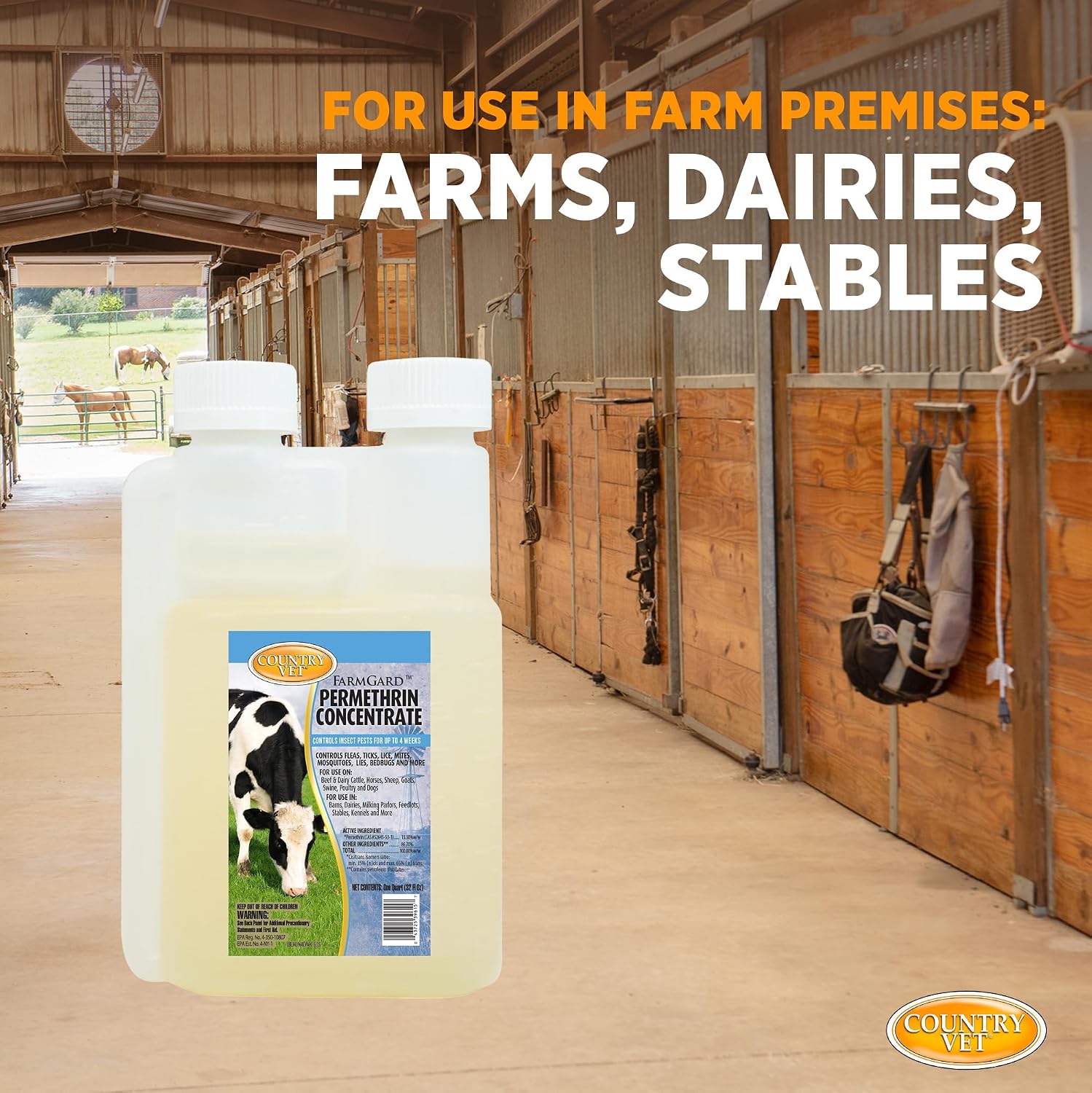 Country Vet FarmGard Permethrin Concentrate - 32 Ounce (Case of 6) 343961CVA - Gets Rid of Flies, Mosquitoes, Silverfish, Cockroaches, Fleas, Millipedes, Gnats, Fruit Flies, Ticks, Lice, Spiders