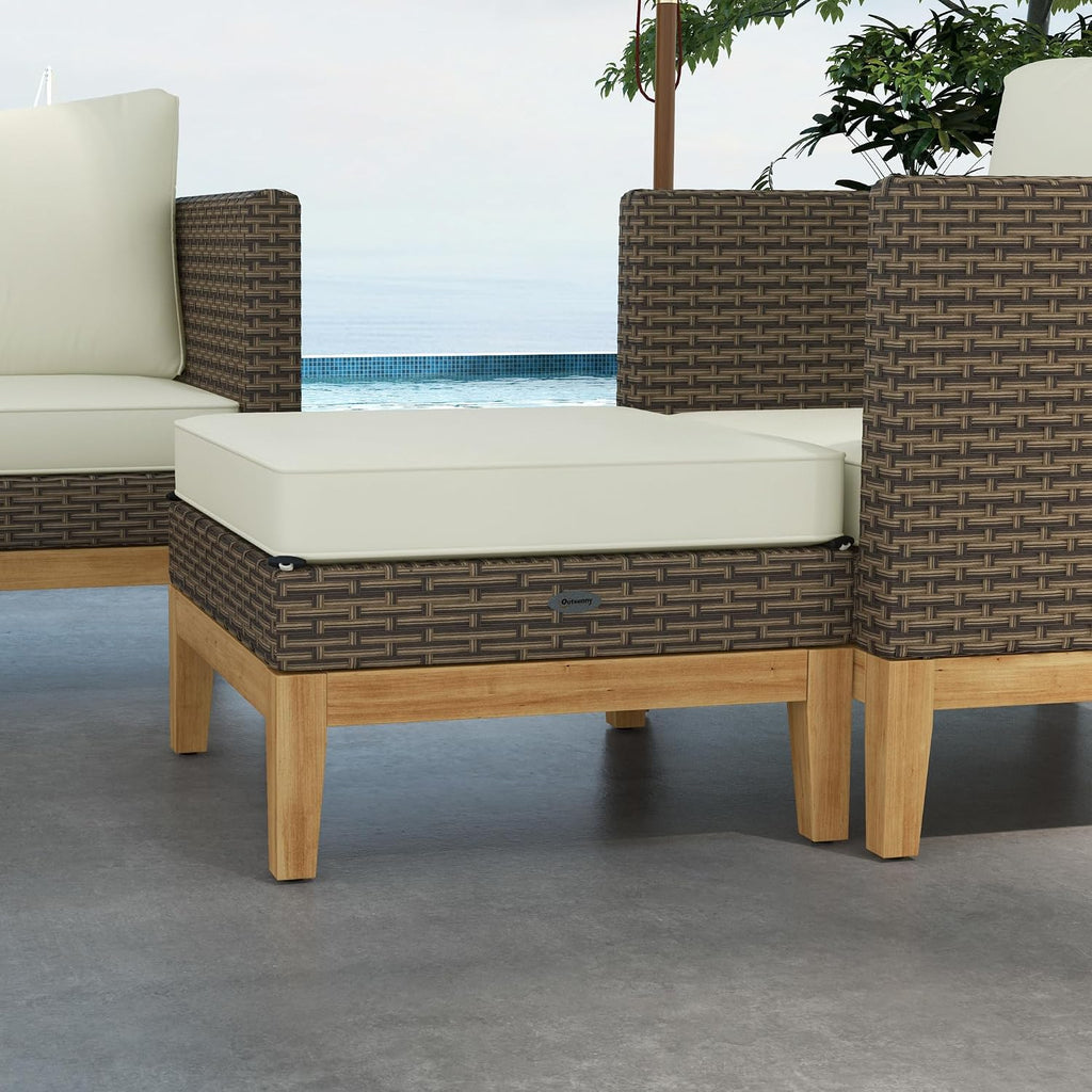 Outsunny Wooden Patio Furniture Set with Thick Padded Cushions, 5-Piece PE Rattan Sectional Sofa with Acacia Wood Top Coffee Table, Outdoor Conversation Set, Cream White