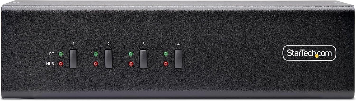 StarTech.com 4-Port Dual-Monitor DisplayPort KVM Switch, 4K 60Hz, 2X USB 5Gbps Hub Ports, 2X USB 2.0 HID Ports, Hotkey and Push-Button Switching, TAA Compliant (P4DD46A2-KVM-SWITCH)