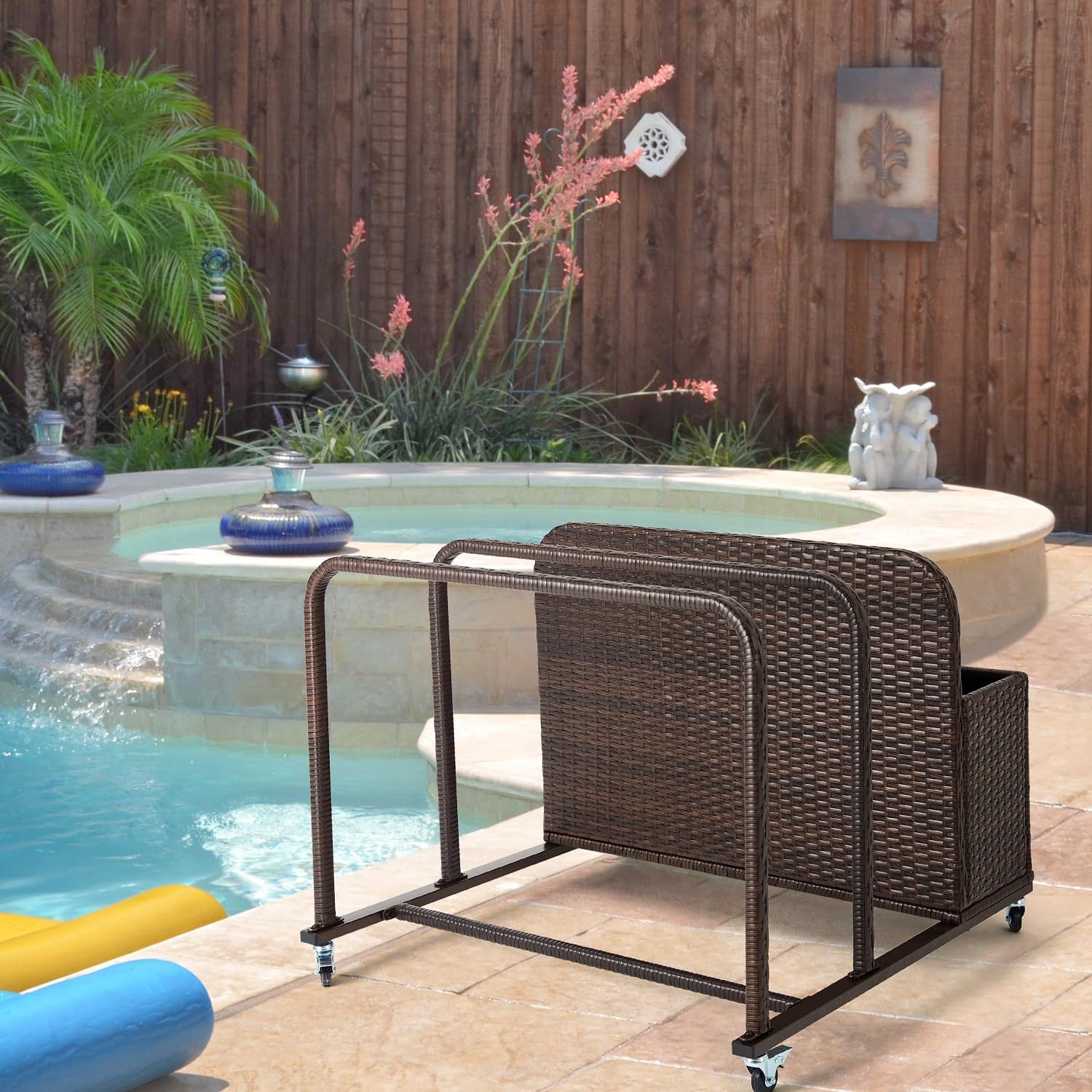 Poolside Float Storage Organizer, Outdoor Wicker Rattan Pool Float Holder Storage Rack for Basket Box Patio Pool Storage Caddy with Rolling Wheels for Pool Toy Noodles Equipment Accessroies (Brown)