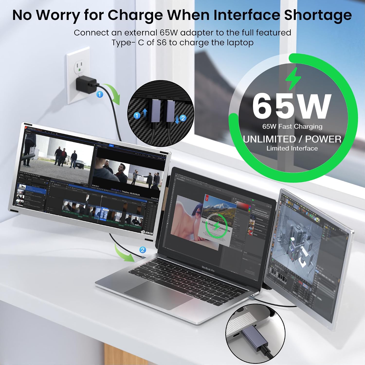 Fagomfer S6 Laptop Screen Extender | Silver | 15.6'' | FHD 1080P | 86% NTSC | Triple Laptop Monitor Extender | Working with Windows, Mac, DeX, Chrome, Desktop, Mini PC