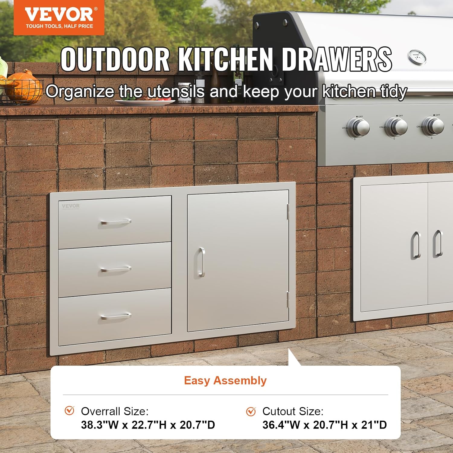 VEVOR BBQ Island Drawers 38.1W x 22.6H x 20.8D, Outdoor Kitchen Door Drawer Combo Cabinets, BBQ Access Door/Triple Drawers Combo, Stainless Steel Handles, Perfect for BBQ Island Patio Grill Station