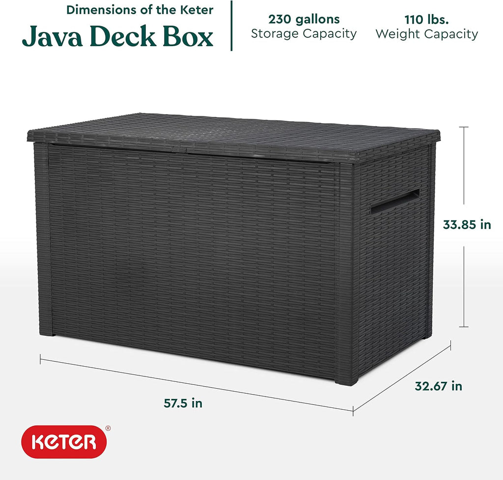 Keter Java XXL 230 Gallon Resin Rattan Look Large Outdoor Storage Deck Box for Patio Furniture Cushions, Pool Toys, and Garden Tools, Dark Grey