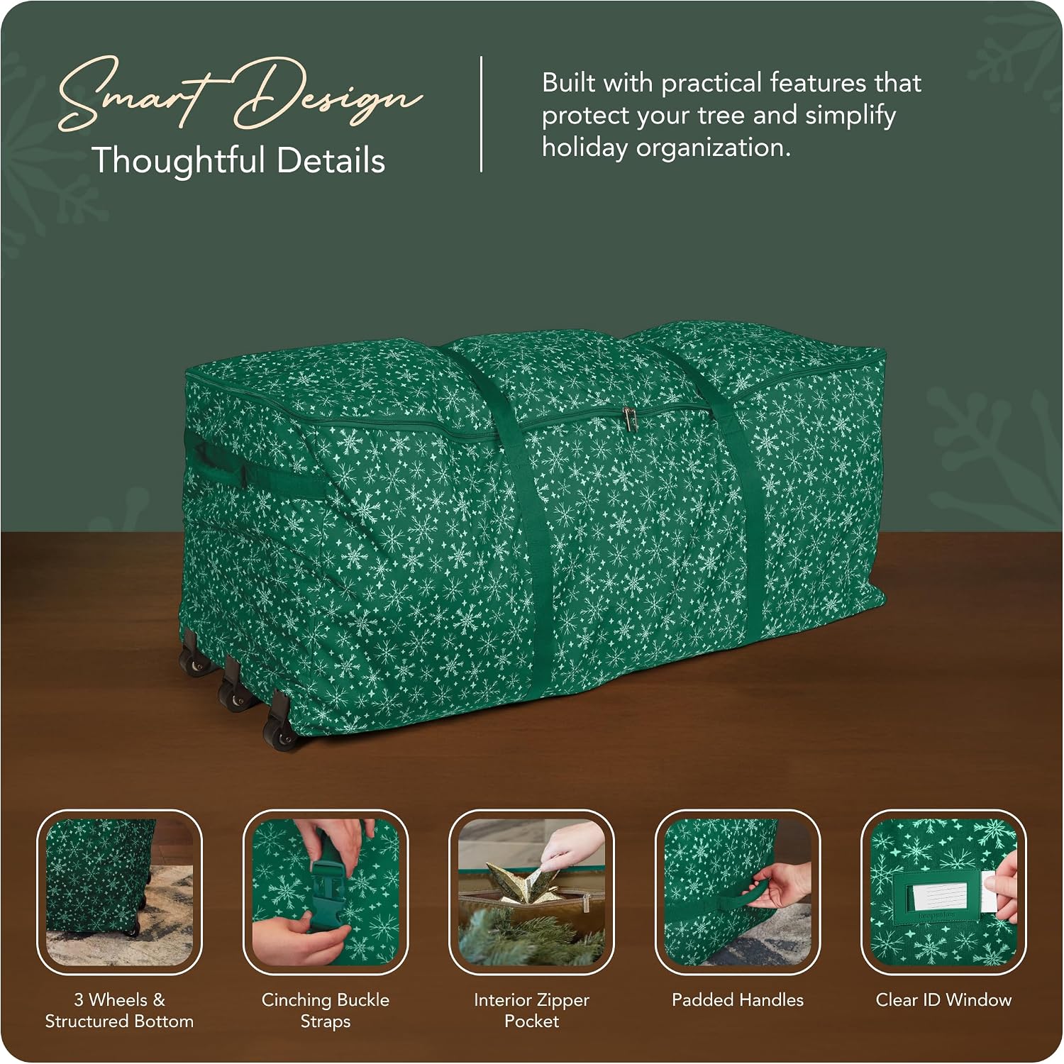 Covermates Keepsakes Christmas Tree Rolling Cinch Bag – Heavy-Duty Polyester Holiday Storage with Wheels, Reinforced Handles & Cinch Straps – Durable Christmas Tree Storage Solution, Green Snowflake