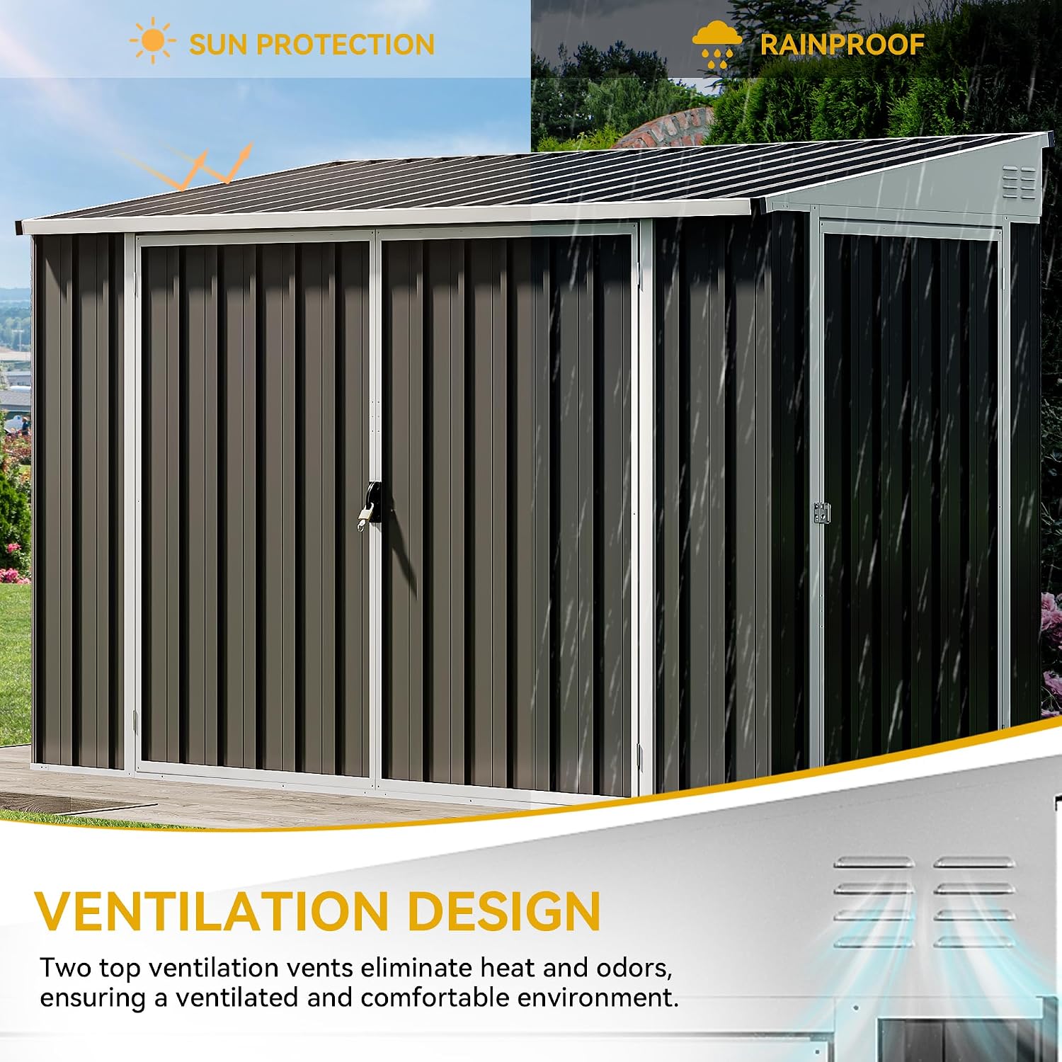 DWVO 7x4 FT Outdoor Weatherproof Storage Shed, Secure Metal Bike Shed w/Lockable Entry, Garden Storage Solution for Lawn Equipment, Tools, Waste Bin, Dark Gray
