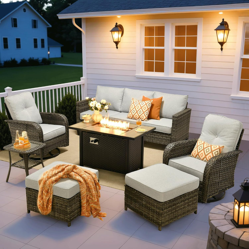 ovios 7 Pieces Patio Furniture Set, Outdoor Wicker Sofa Couch with Rocking Swivel Chairs Fire Pit Table, Modern Deep Seat Rattan Conversation Sets for Deck Porch, Grey